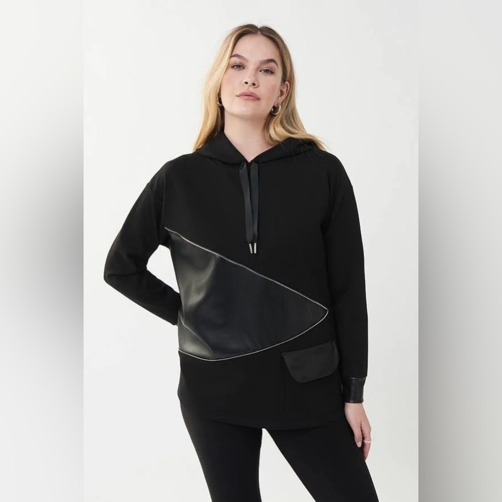 JOSEPH RIBKOFF Faux Leather 10 Black Hoodie Zipper Accent Drawstring Edgy Casual